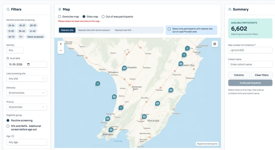 Screening invitation cohort builder in Pinga, showing site map, eligibility filters and available participants for a screening round