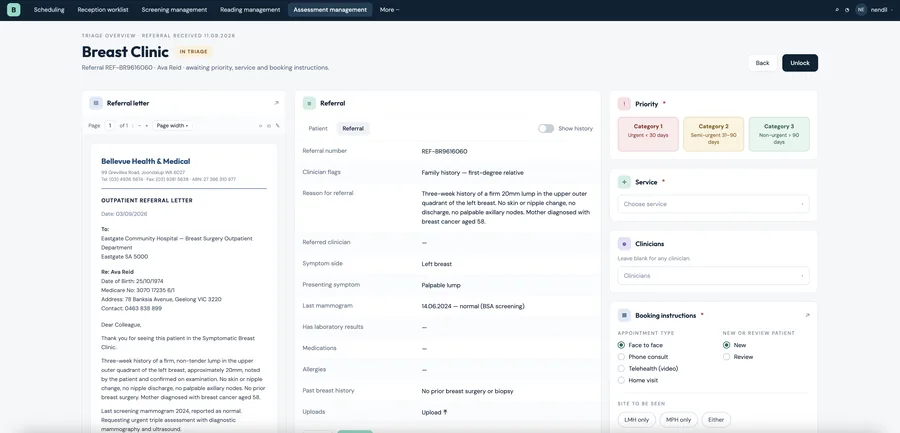 Referral triage screen in Pinga's assessment management module, showing priority category, service and booking instructions for a symptomatic referral