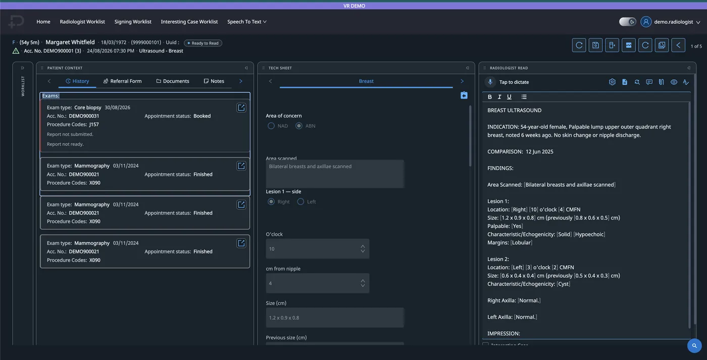 Pinga's radiologist reporting workspace, showing patient context, the tech sheet and a voice-enabled structured report side by side
