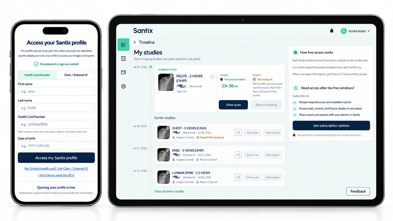 Santix on a phone and a tablet: the sign-in screen asking for a health card number or clinic ID, beside a patient's study timeline showing imaging studies, free-access countdowns and subscription options