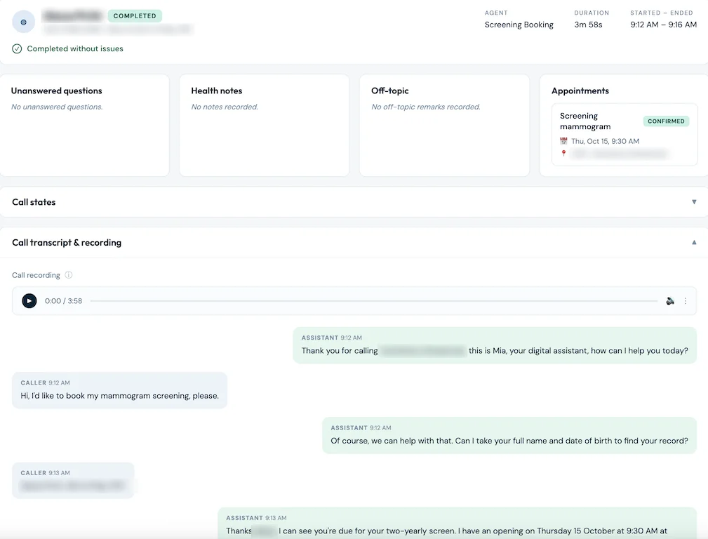 A call summary in the AI Agentic Call Center: a screening mammogram booked and confirmed, the call completed without issues, and the transcript of the call beside its recording
