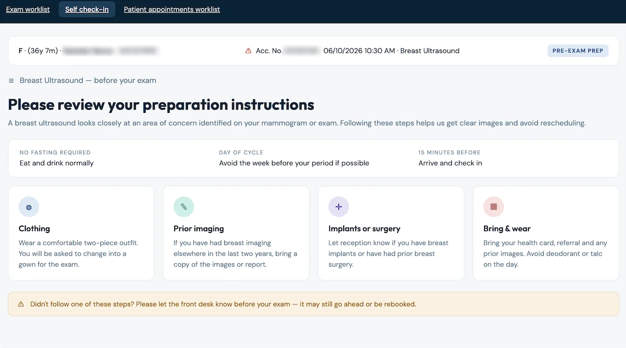 Pre-exam preparation instructions for a breast ultrasound at self check-in: fasting, timing in the cycle and arrival, plus clothing, prior imaging, implants and what to bring
