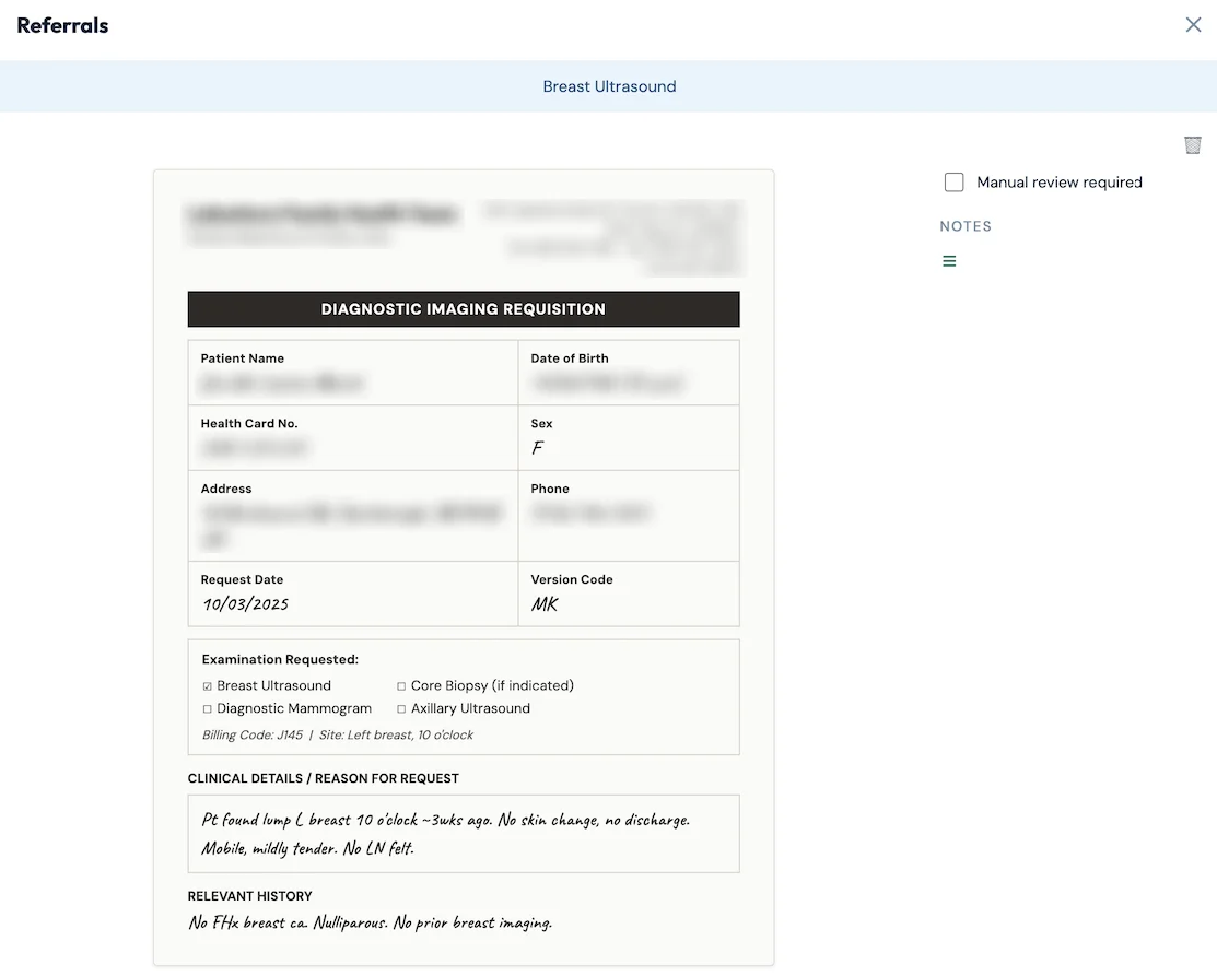 A diagnostic imaging requisition for a breast ultrasound opened in Pinga's referrals view, with the patient, examination requested and clinical details, beside a manual-review checkbox and notes