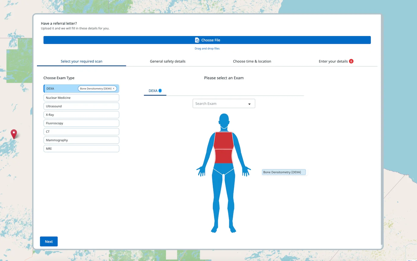 Online booking in Pinga: upload a referral letter to pre-fill details, then select the scan by modality or on a body map, with tabs for safety details, time and location, and patient details