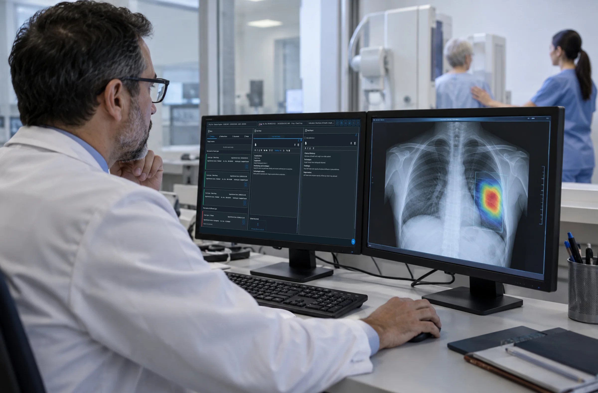 A radiologist at a dual-monitor workstation: Pinga RIS+ reporting on one screen, a chest X-ray with an AI heat map on the other, a patient being positioned for an X-ray behind the glass