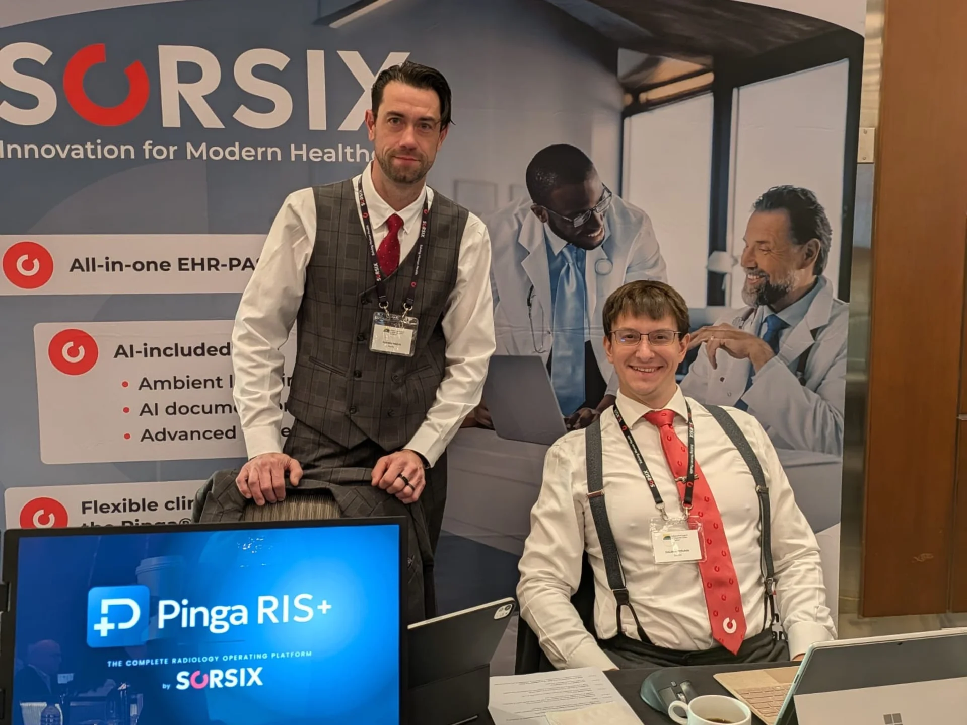 Matthew and Dalibor at the Sorsix stand at ISDCO 2026, with Pinga® RIS+ displayed on a screen.